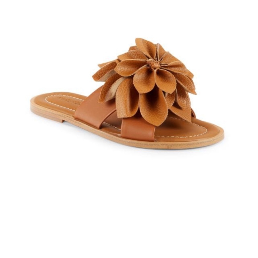 Chloe Tan Leather Magnolia Flower Flat Slide Sandal